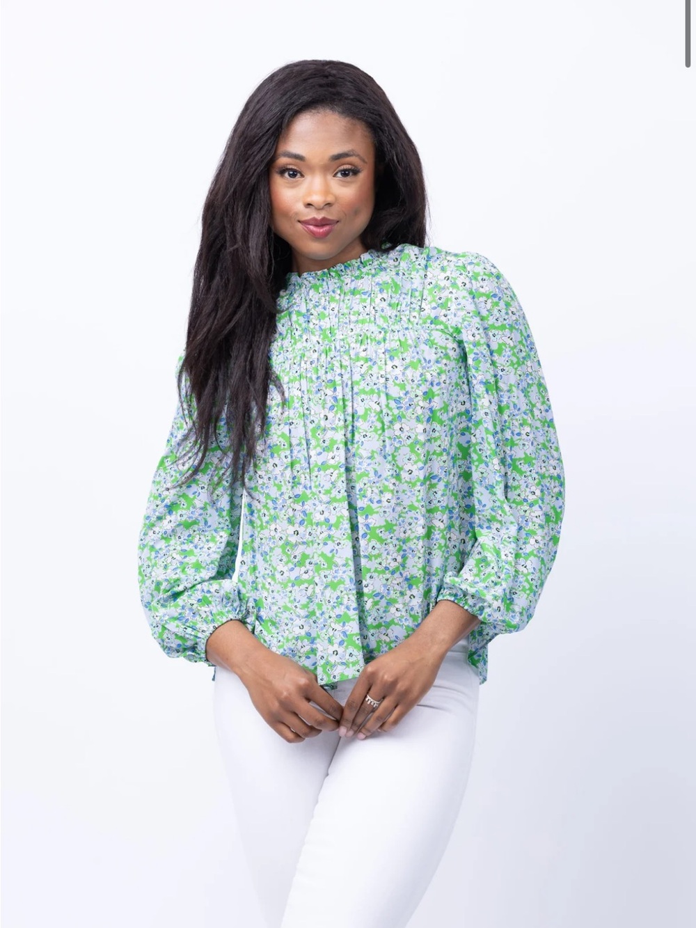 Shoshanna Light Green Floral Smocked Puff-Sleeve Blouse